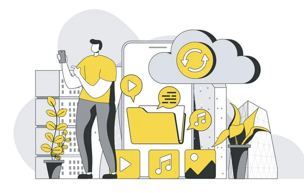 Cloud storage concept with outline people scene. Man transfers content and files to cloud, creates backup of data and opens access to users. Illustration in flat line design for web template