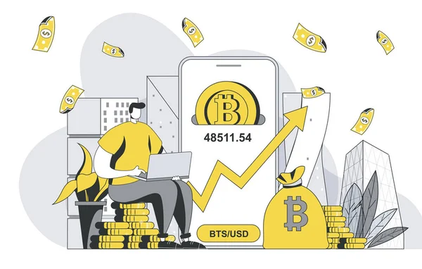 Concepto Inversión Criptomoneda Con Escena Delinear Personas Hombre Compra Bitcoins — Foto de Stock
