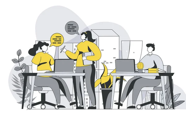 Open space concept with outline people scene. Men and women work together in coworking office, communication, collaboration and teamwork. Illustration in flat line design for web template