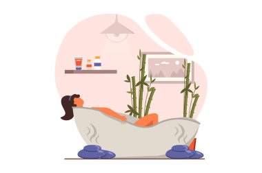 Düz dizaynlı spa salonu web konsepti. Kadın banyoda uzanıyor ve cilt bakımı uygulanıyor. Rahatlıyor ve aromaterapiden hoşlanıyor. Kozmetik ve hijyen prosedürü. İnsan sahnesi ile vektör illüstrasyonu