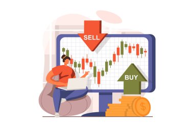 Düz dizaynlı borsa web konsepti. İş kadını trendleri ve grafikleri analiz ediyor, hisse senedi alıp satıyor, ön ödeme yapıyor, para yatırıyor ve gelirini artırıyor. İnsan sahnesi ile vektör illüstrasyonu