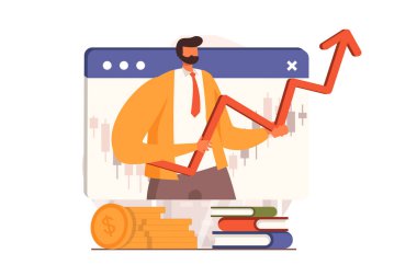 Düz dizaynlı borsa web konsepti. Eğilimleri analiz eden ve okları tutan, ticaret yapan, para yatıran, finansal strateji yaratan, karı artıran bir iş adamı. İnsan sahnesi ile vektör illüstrasyonu