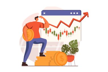 Düz dizaynlı borsa web konsepti. Eğilimleri analiz eden borsacı, finansal strateji oluşturan, şirket hisseleri ticareti yapan, yatırım yapan ve karı artıran adam. İnsan sahnesi ile vektör illüstrasyonu