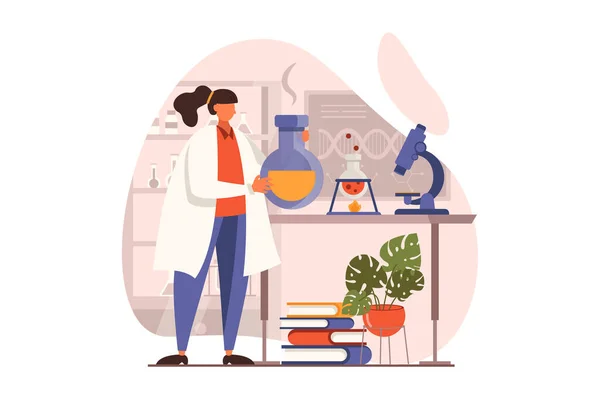 Science Laboratory Web Concept Flat Design Woman Scientist Making Test — Stock Vector