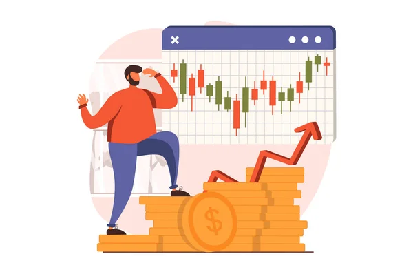 Stock market web concept in flat design. Businessman analyzing trends, global trading, invests money, creates success financial strategy and increases income. Vector illustration with people scene
