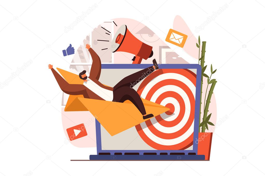 Social media marketing web concept in flat design. Marketer makes ad campaign for target audience and creating promotional content. Advertising and promotion. Vector illustration with people scene