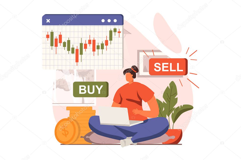 Stock market web concept in flat design. Woman broker analyzing trends and researching market, creates strategy, buy and sell, invests money, increases profit. Vector illustration with people scene