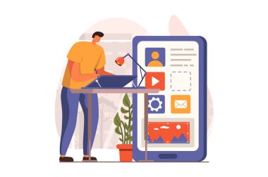 Ui ve ux tasarımcıları web tasarım konsepti. Adam grafik tabletine akıllı telefon için menü düğmeleri ve arayüz ögeleri çizer, yerleşimi ayarlar ve optimize eder. İnsan sahnesi ile vektör illüstrasyonu