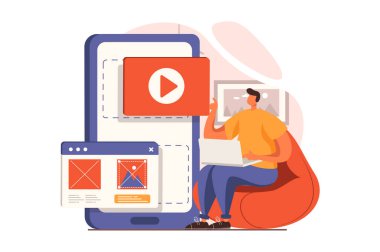 Ui ve ux tasarımcıları web tasarım konsepti. Adam akıllı telefon uygulamaları ekranı için menü düğmeleri ve arayüz ögeleri yerleştirir, düzeni oluşturur ve optimize eder. İnsan sahnesi ile vektör illüstrasyonu