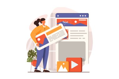 Ui ve ux tasarımcıları web tasarım konsepti. Kadın akıllı telefon uygulamaları için arayüz düzenini oluşturur ve optimize eder. Model üzerinde içeriği olan bloklar oluşturur. İnsan sahnesi ile vektör illüstrasyonu