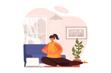 Düz dizaynlı yoga web konsepti. Kadın video dersleriyle yoga yapıyor. Evde online antrenörle egzersiz yapan bir bayan sporcu. Sağlıklı bir yaşam tarzı. İnsan sahnesi ile vektör illüstrasyonu