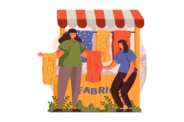 Street shops web concept in flat design. Woman sells fabrics for sewing clothes and curtains in street fabric store. Buyer chooses goods in showcase kiosk. Vector illustration with people scene