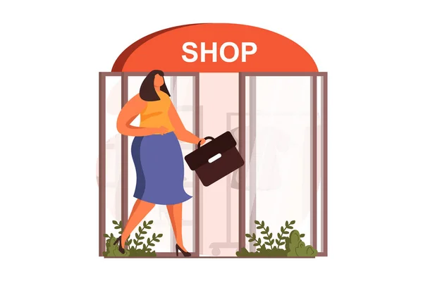 街道商店的网页概念在平面设计 女消费者逛街购物 走在精品店的橱窗前 买方在商店门口购买和站立 人物形象的矢量图解 — 图库矢量图片