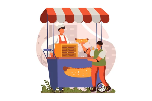 Pouliční Obchody Web Koncept Plochém Designu Chlap Dělá Hot Dogy — Stockový vektor