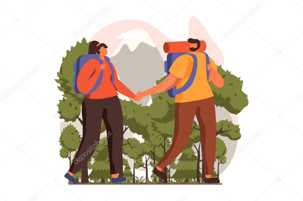 Travelling web concept in flat design. Couple with backpacks goes on vacation together and trekking route in forest. Man and woman hiking and going to travel. Vector illustration with people scene