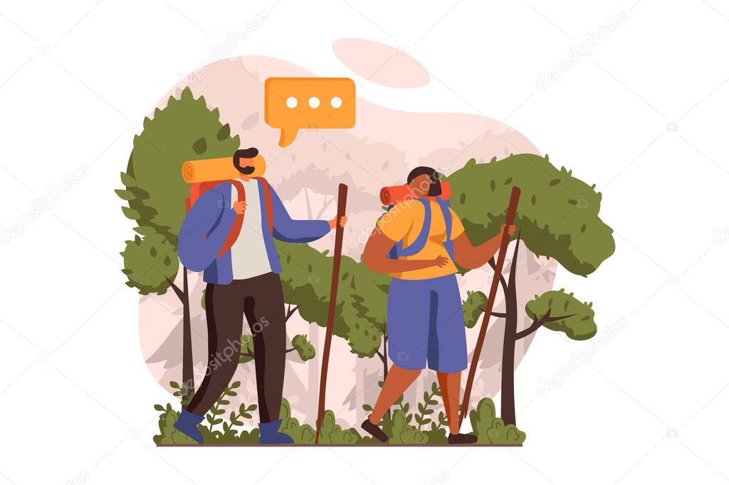 Travelling web concept in flat design. Couple with backpacks hiking in forest and goes on vacation together. Man and woman trekking route and going to travel. Vector illustration with people scene
