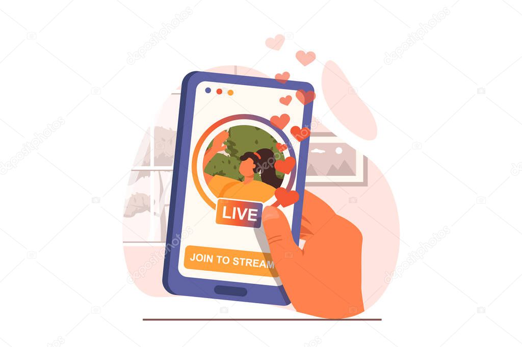 Video streaming web concept in flat design. Follower watches live stream of blogger and presses on touchscreen of smartphone. Blogging and social networks. Vector illustration with people scene