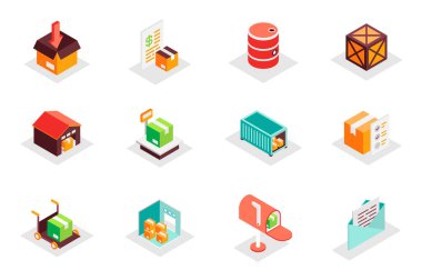 Lojistik konsept 3d izometrik simgeler ayarlandı. Teslimat, paket, kutu, varil, depo, konteynır, nakliye, yükleme, depolama ve diğer eşölçü unsurlarını paketle. Modern web tasarımı için vektör illüstrasyonu