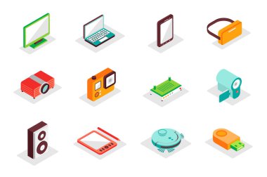 Elektronik konsept 3d izometrik simgeler ayarlandı. Bilgisayar, dizüstü bilgisayar, akıllı telefon, video gözlük, kamera, müzik hoparlörü, kablosuz ağ yönlendirici ve benzeri eşölçü ögelerini paketle. Modern web tasarımı için vektör illüstrasyonu