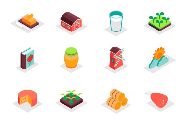 Çiftçilik konsepti 3d izometrik ikonlar ayarlandı. Yağ, ahır, süt, bitki, reçel, değirmen, peynir, tohum, sebze bahçesi, saman ve diğer şeylerin eşölçüm elementlerini paketle. Modern web tasarımı için vektör illüstrasyonu