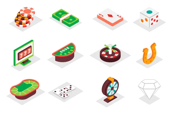 Casino Concept Isometric Icons Set Pack Isometry Elements Chips Money — Stock Vector