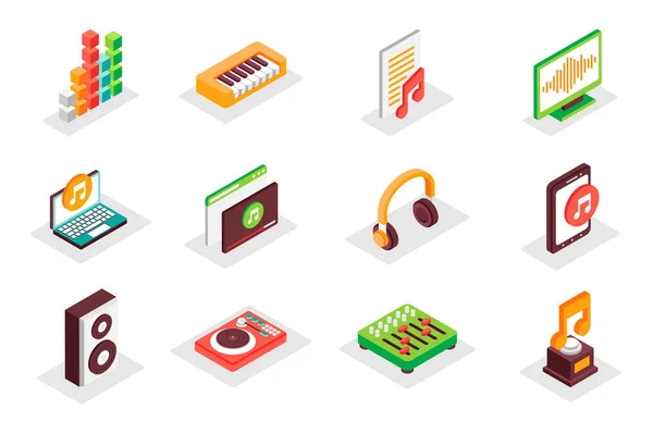 Music Concept Isometric Icons Set Pack Isometry Elements Equalizer Piano — Stock Vector
