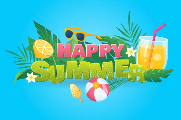 Happy Summer Background Flat Cartoon Design Wallpaper Text Composition Lemonade — Stock Vector