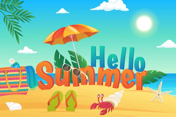 Ahoj Letní Pozadí Plochém Kresleném Designu Tapety Mořskou Pláží Sluneční — Stockový vektor