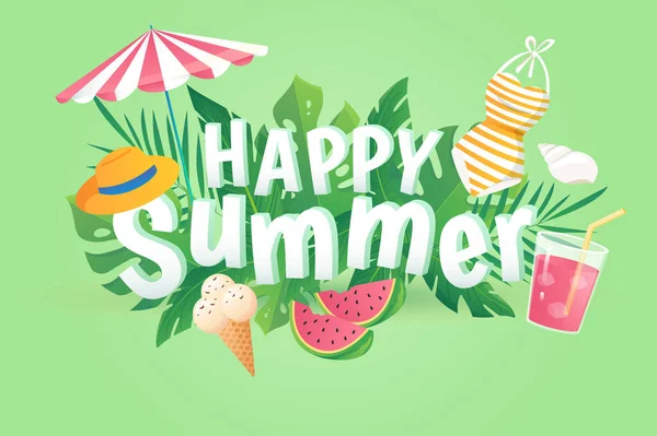 Happy Summer Background Flat Cartoon Design Wallpaper Text Composition Umbrella — Stock vektor