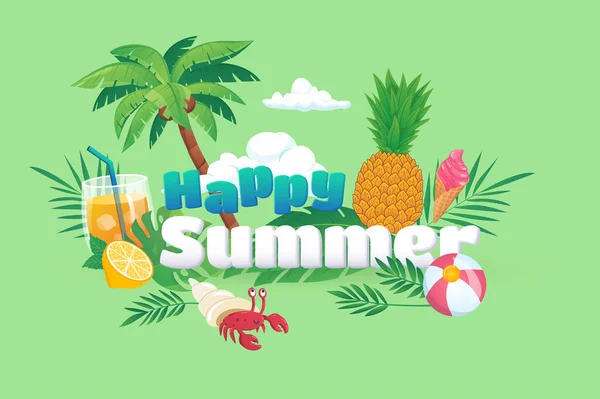 Happy Summer Background Flat Cartoon Design Wallpaper Text Composition Palm — Stock vektor