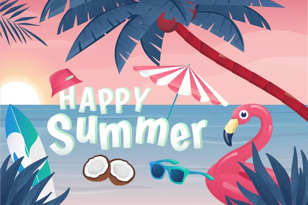 Happy Summer Background Flat Cartoon Design Wallpaper Ocean Water Surfboard — Stock vektor
