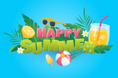 Çizgi film dizaynında mutlu yaz arkaplanları. İçinde limonata, dondurma, güneş gözlüğü, çiçek ve tropikal yapraklar olan duvar kâğıdı. Poster ya da afiş şablonu