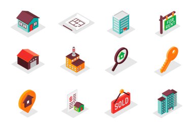 Emlak konsepti 3d izometrik simgeler ayarlandı. Evin eş ölçü ögelerini, mimari taslağı, kira, garaj, arama, anahtar, konum, gökdelen ve diğer şeyleri paketleyin. Modern web tasarımı için resim