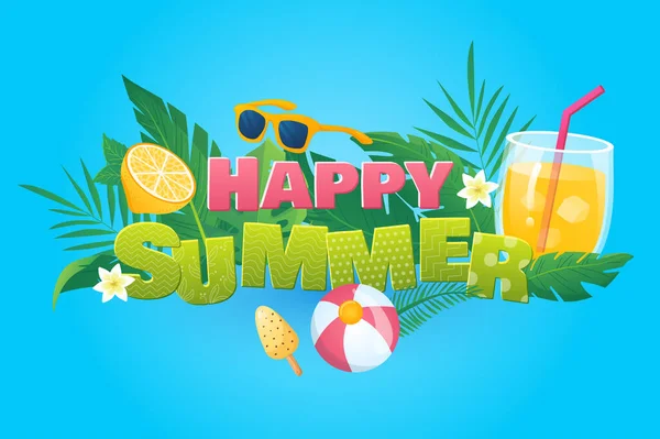 Happy Summer Background Flat Cartoon Design Wallpaper Text Composition Lemonade — Stockfoto