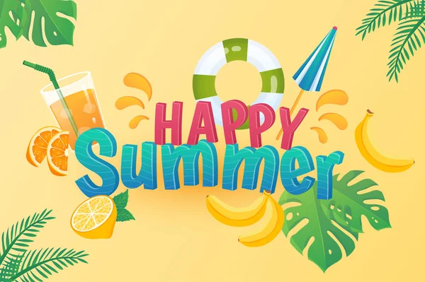 Happy summer background in flat cartoon design. Wallpaper with text and composition of lemonade, banana, orange, lemon, lifebuoy, tropical leaves. Illustration for poster or banner template