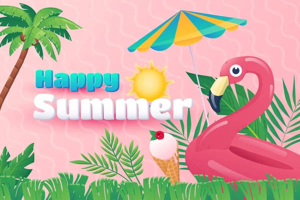 Happy Summer Background Flat Cartoon Design Wallpaper Text Composition Umbrella — Stockfoto