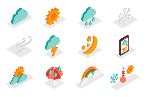 Weather forecast concept 3d isometric icons set. Pack isometry elements of cloud, sun, rain, snowflake, wind, lightning, moon, star, umbrella and other. Illustration for modern web design