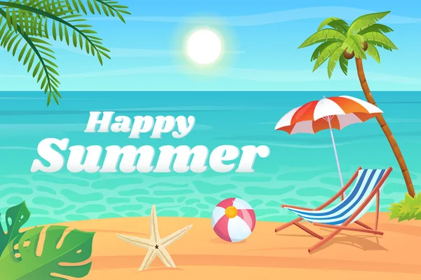 Šťastné Letní Pozadí Plochém Kresleném Designu Tapety Mořskou Pláží Modrá — Stock fotografie
