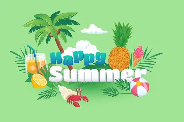 Happy summer background in flat cartoon design. Wallpaper with text and composition of palm, cocktail, lemon, crab, pineapple, ice cream and leaves. Illustration for poster or banner template