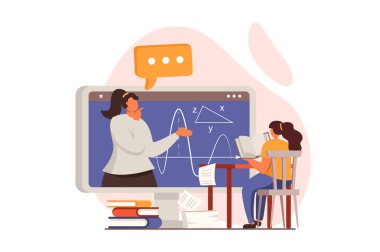 Düz dizayn konusunda öğretmen web konsepti. Liseli kız kitap okur ve video dersi izler. Öğretmen çevrimiçi Webinar 'da açıklıyor. Eğitim ve bilgi edinme. İnsan sahnesiyle ilüzyon