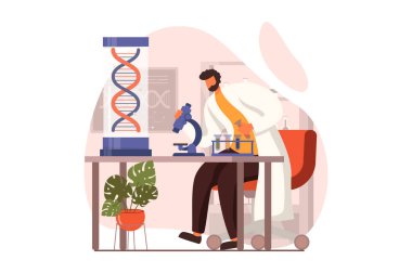 Düz dizaynlı bilim laboratuarı web konsepti. Mikroskop üzerinde test yapan ve laboratuvar ekipmanları üzerinde DNA molekülü inceleyen bilim adamı. Mikrobiyoloji ve genetik. İnsan sahnesiyle ilüzyon