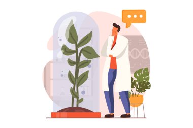 Düz dizaynlı bilim laboratuarı web konsepti. Bilim adamı laboratuvarda büyük bir fabrikayı inceliyor. Biyoteknoloji araştırmaları ve tarım mühendisliği yapan bir biyolog. İnsan sahnesiyle ilüzyon