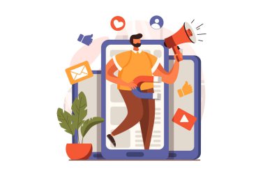 Düz tasarımda sosyal medya pazarlama web konsepti. Megafonlu bir adam akıllı telefon uygulaması ve dijital içerik kullanarak reklam kampanyası yapıyor. Reklam ve promosyon. İnsan sahnesiyle ilüzyon