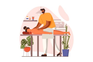 Düz dizaynlı spa salonu web konsepti. Profesyonel masör hastaya elle tedavi uygular. Kanepede uzanan ve kozmetoloji kliniğinde sırt masajı yaptıran bir kadın. İnsan sahnesiyle ilüzyon