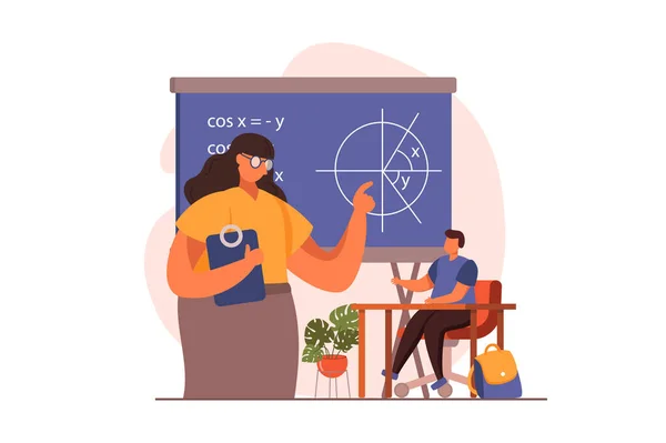 School teacher web concept in flat design. Woman tutor points to blackboard and explains mathematics.Schoolboy learning in lesson. Education and gain knowledge. Illustration with people scene