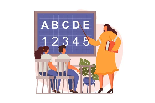 School teacher web concept in flat design. Woman points at alphabet on blackboard, classmates studying and sit at desks in class. Education and gain knowledge. Illustration with people scene