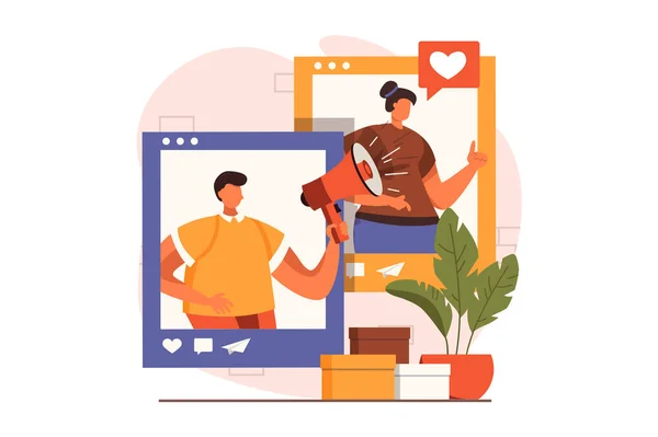 Social media marketing web concept in flat design. Man with megaphone creates promo posts. Woman user views posts and follows blog. Advertising and promotion. Illustration with people scene