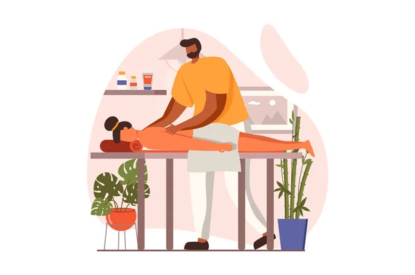 Spa salon web concept in flat design. Professional masseur does manual therapy to patient. Woman lying on couch and getting back massage in cosmetology clinic. Illustration with people scene