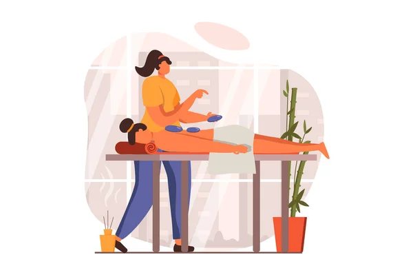 平面设计中的温泉沙龙网页概念 专业的按摩师用滚石对病人进行手工治疗 女人躺在沙发上 放松地做背部按摩 向人们展示情景 — 图库照片
