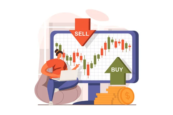 Stock Market Web Concept Flat Design Businesswoman Analyzing Trends Charts — Stockfoto